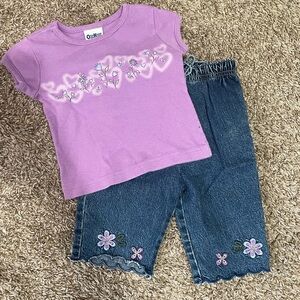 VINTAGE Purple Floral Top and Denim Capri Set